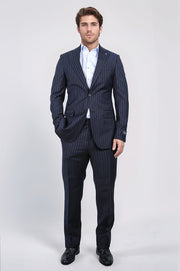 Slim fit mono yaka çizgili lacivert yünlü takım elbise